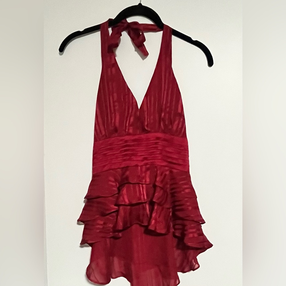 Silky sheer halter blouse with back zip.